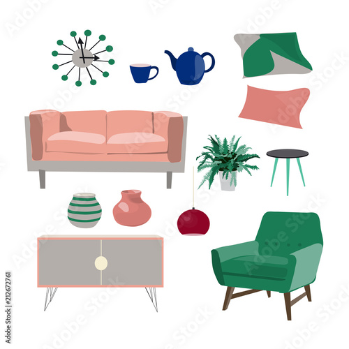 vector interior design illustration. collection set of elements. designer trendy furniture. table chair sofa lamp mirror plant chest table armchair. modern and retro. contemporary danish. mid century