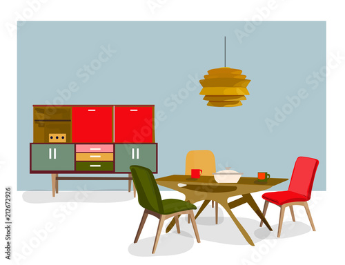 kitchen dining room  illustration. Interior design home scene.modern house, chair, table, oven, lamp, plant.coffee cup. Danish mid century.cute  and happy.