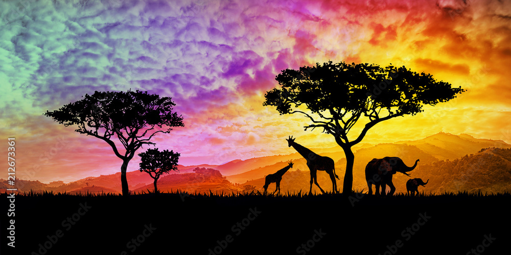 illustration of a bright sunset in africa, safari with wild animals