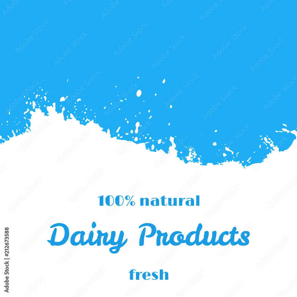 Dairy natural products, fresh milk splash wave stream, isolated blue background. Organic, healthy food, tag for cafe, market, package. Hand drawn lettering card, watercolor ink dry brush stroke. Dairy natural products, fresh milk splash wave stream, isolated blue background. Organic, healthy food, tag for cafe, market, package. Hand drawn lettering card, watercolor ink dry brush stroke.