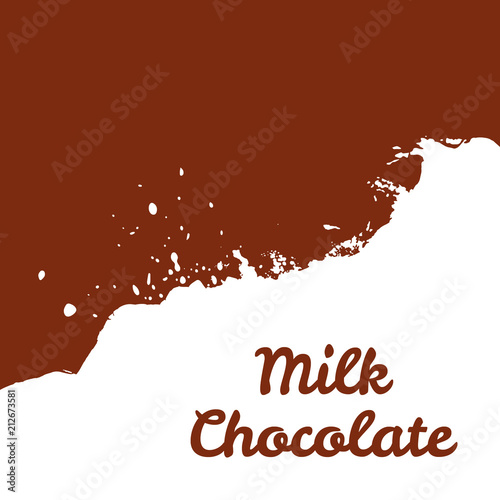 Fresh milk chocolate splash wave stream  isolated brown background. Organic design template  tag for cafe  market  package. Hand drawn lettering card  watercolor ink dry brush stroke. Abstract vector.