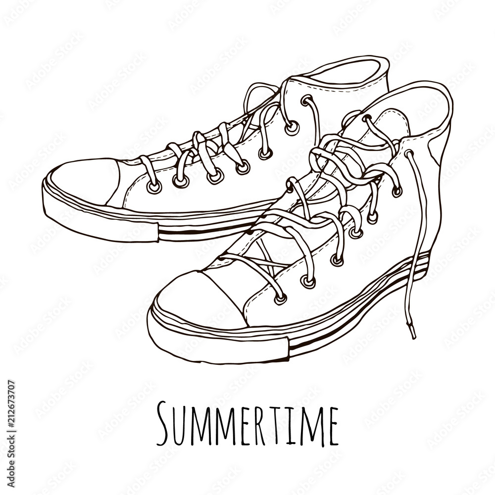 Classic hand drawn vintage hipster sneakers isolated on white background.  Line vector illustration, sketch style, fashion design icon. Shoes for  running or travel. Summertime. Stock Vector | Adobe Stock