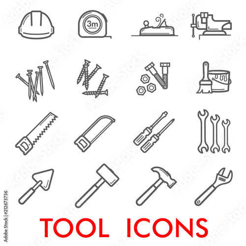 Vector thin line icons of repair work tools