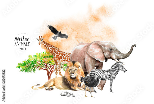 Canvas Print watercolor illustration of African wildlife, drawings of giraffes, elephants, ea