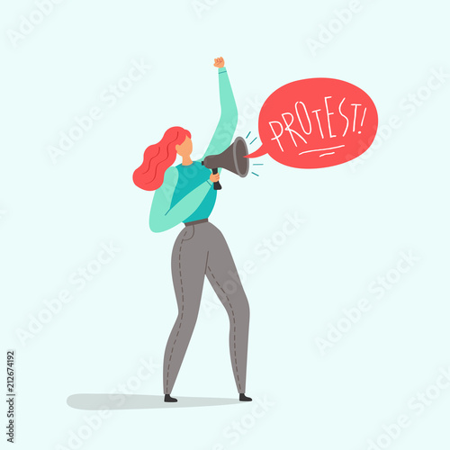 Woman (full-length) protests with megaphone naive style (vector). © viktoriayams