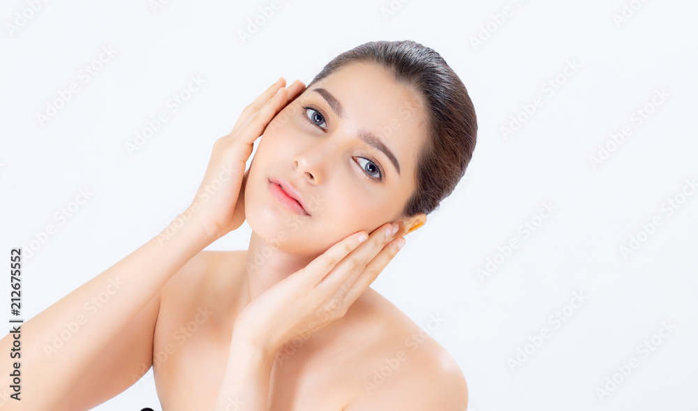 Portrait of beautiful woman asian makeup of cosmetic, girl hand touch cheek and smile attractive, face of beauty perfect with wellness isolated on white background with skin healthcare concept. Portrait of beautiful woman asian makeup of cosmetic, girl hand touch cheek and smile attractive, face of beauty perfect with wellness isolated on white background with skin healthcare concept.