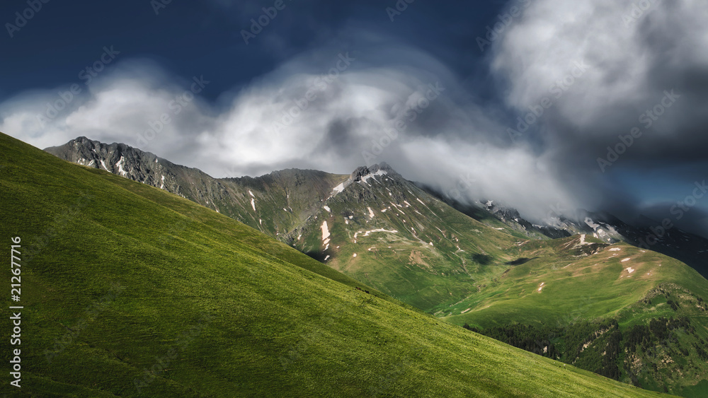 Beautiful nature landscape of mountains with snow and green forest