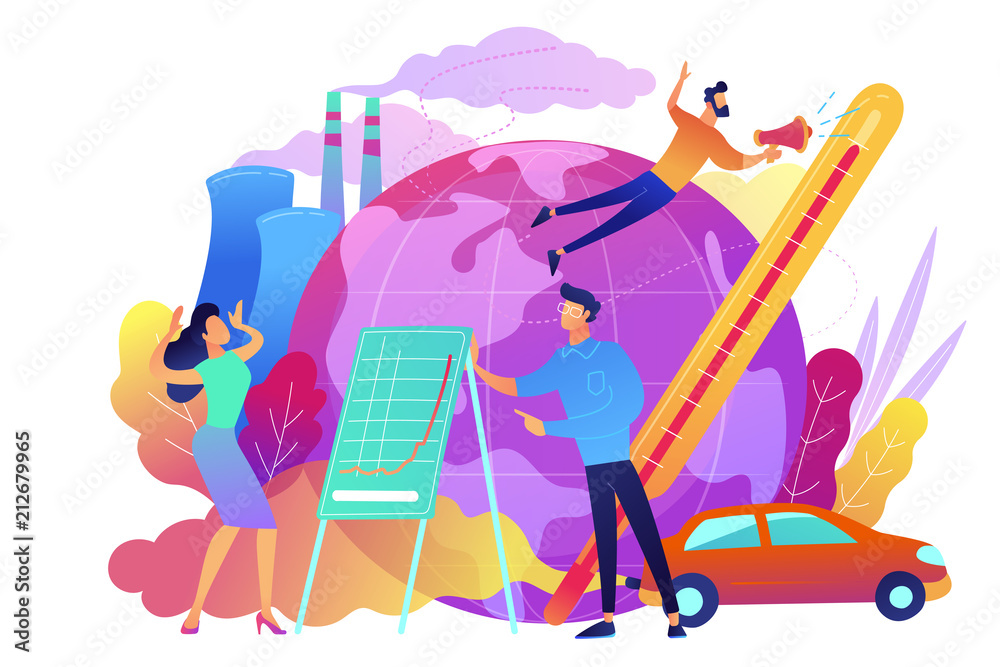 Fototapeta premium People in panic to announce global heating data. Globe with power plant and traffic fumes as a symbol of environment pollution, global heating impact. Violet palette. Vector illustration on background