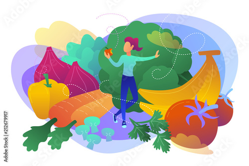 A white woman among fruits, vegetables and mushrooms as a concept of raw veganism, raw foodism, fruitarianism, juicearianism and sproutarianism, violet palette. Vector illustration on background.
