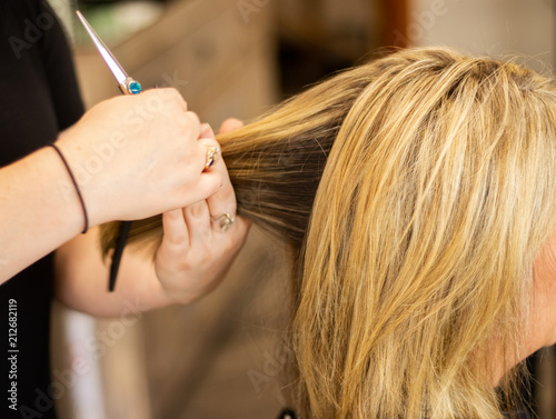 Professional hair stylist cutting blonde hair of woman in a salon. Blonde highlights on female client getting a haircut by beautician