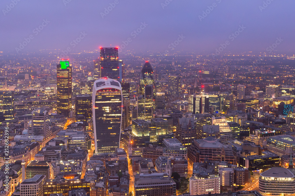 Fototapeta premium London financial centre at sunset, seen from a skyscraper in London centre, in United Kingdom