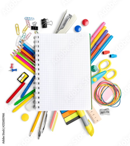 Blank Notepad among the School Supplies Isolated