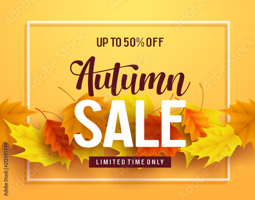 Autumn sale vector banner design with sale and discount text, autumn typography and fall season leaves elements in yellow background. Vector illustration.
