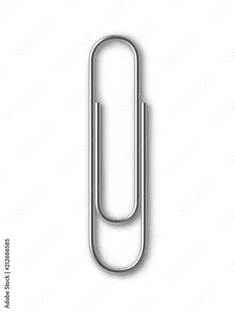 Metal paper clip isolated on white background. Realistic stationery vector illustration. Simple device for binding sheets of paper together. Mockup paper clip attachment. Documents organization device Metal paper clip isolated on white background. Realistic stationery vector illustration. Simple device for binding sheets of paper together. Mockup paper clip attachment. Documents organization device