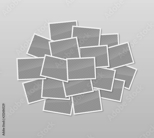 Pile of realistic blank photo frames isolated on gray backdrop. Mockup snapshot, artwork or picture art gallery design. Frameworks composition on memory wall. Interior decoration 3d vector element