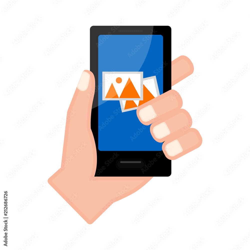 Hand holding a smartphone with a gallery app Hand holding a smartphone with a gallery app
