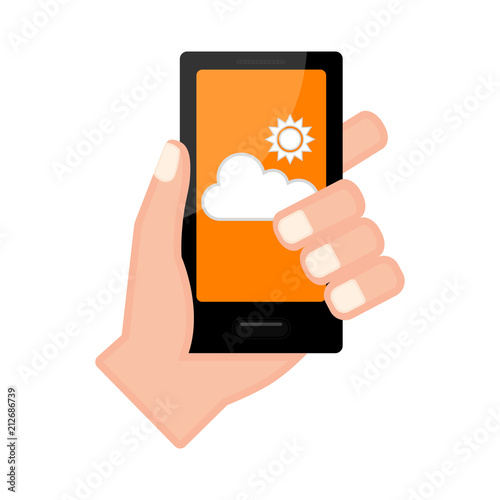 Hand holding a smartphone with a forecast app