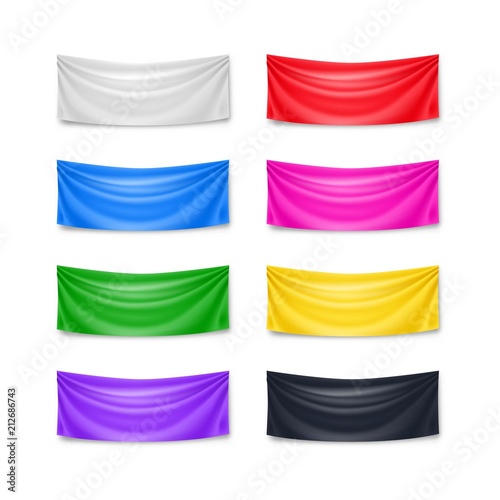 Realistic colorful isolated banners set. Blank flags templates on white background. Mockup fabric horisontal banners for advertising or announcement. Horizontal branding object vector illustration