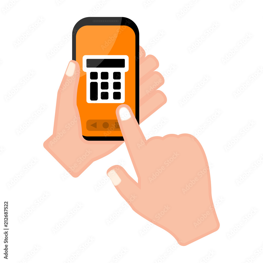 Hand holding a smartphone with a calculator app Hand holding a smartphone with a calculator app
