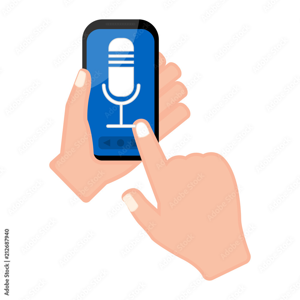 Hand holding a smartphone with a microphone icon