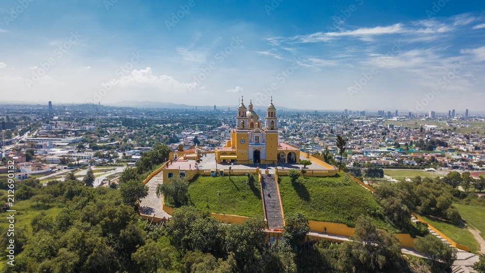 Beautiful aerial view of Puebla Mexico and its church