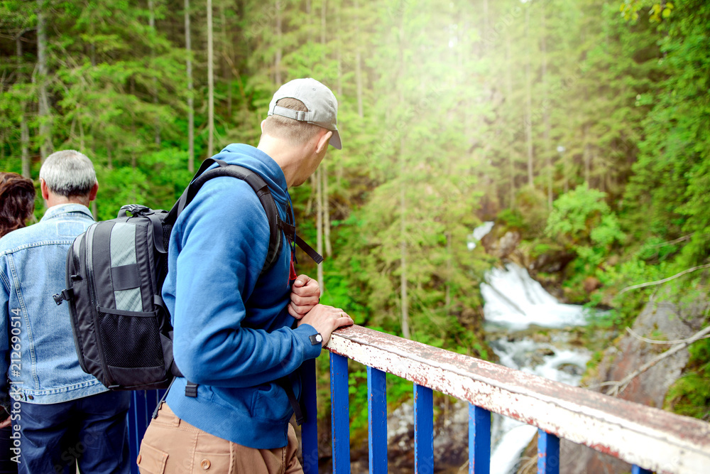 Man tourist in mountain trail Man tourist in mountain trail