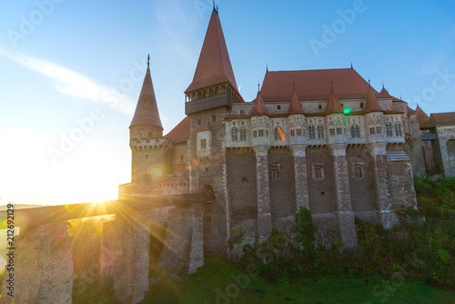 Obraz na płótnie Old medieval castle in the morning at the sunrise, Corvinesti Castle, Romania