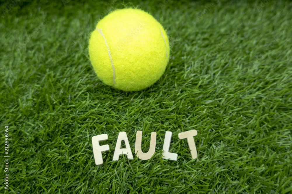 Tennis ball with tennis wording term on green grass