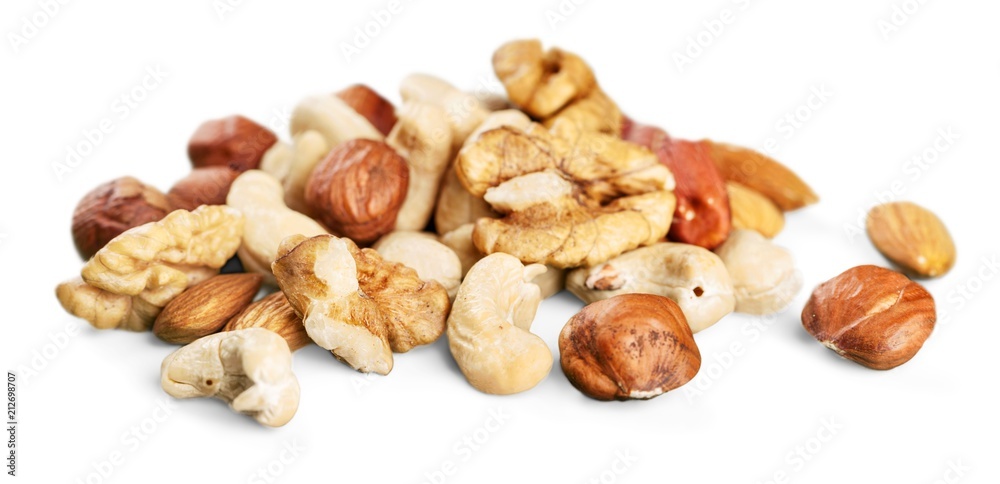 Assorted mixed nuts on white background Assorted mixed nuts on white background