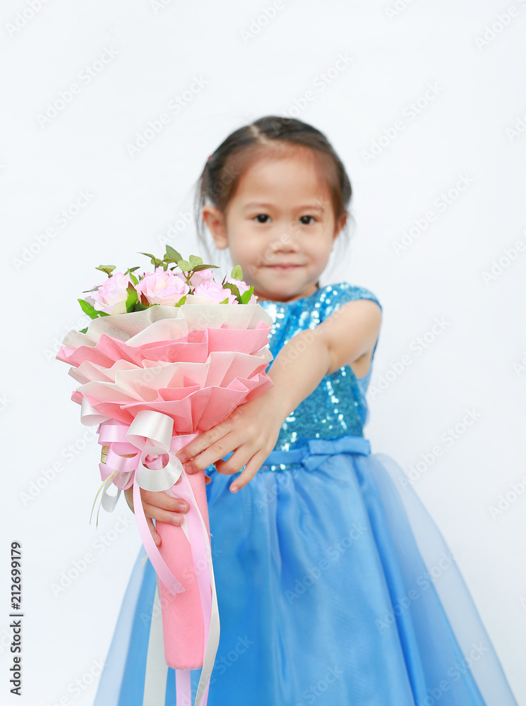 Little Asian child girl with Bouquet of roses for Valentine festival isolated on white background. Focus at rose flower. Little Asian child girl with Bouquet of roses for Valentine festival isolated on white background. Focus at rose flower.