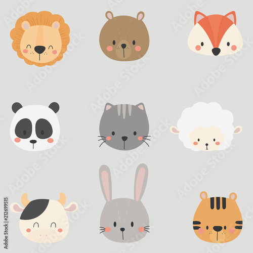 Set of cute animal heads. Lion, Bear, Fox, Panda, Cat, Sheep, Cow, Rabbit, Tiger.