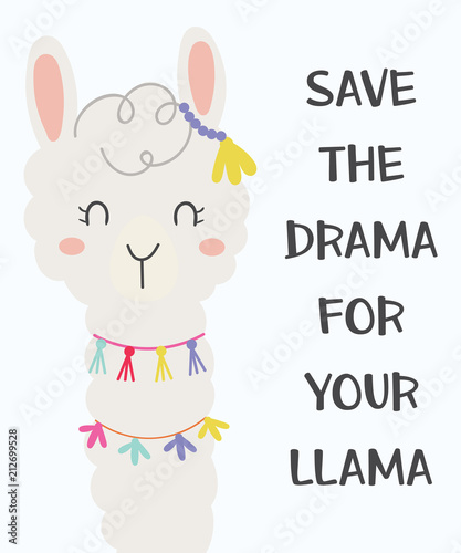 Cute llama. Hand drawn art. Design for card, sticker , fabric textile, t shirt. Children, kid modern trendy style