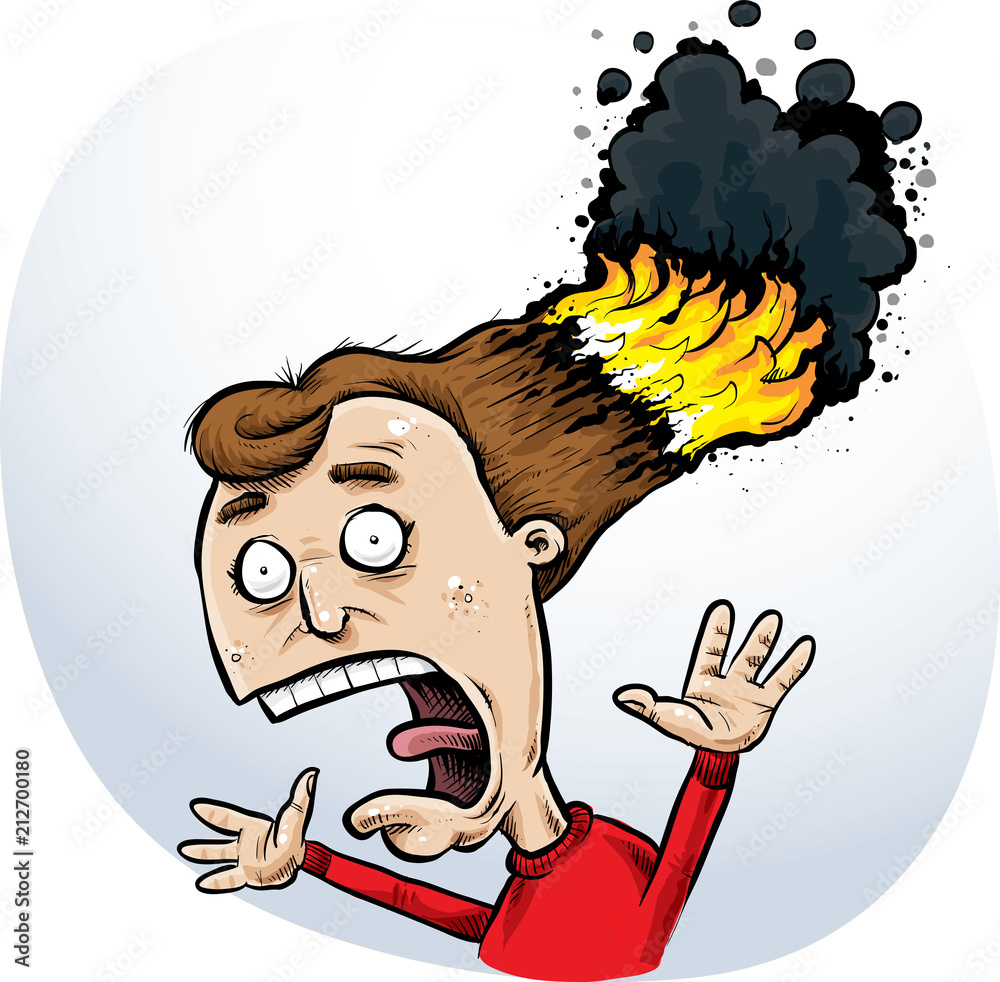 A cartoon woman screaming because her hair has burst into flames and