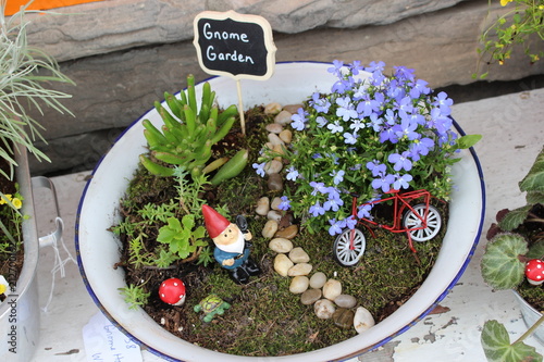 Little gnome fairy garden in a metal pan