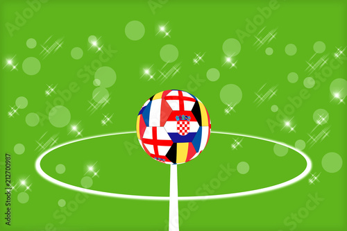 the ball from the flags of England, Belgium, France and Croatia on the background of a football field