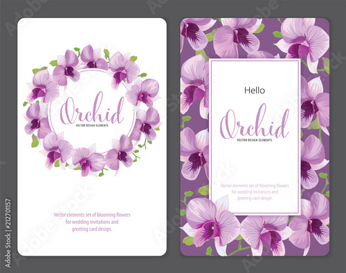 Fototapeta Naklejka Na Ścianę i Meble -  Floral frame with tropical orchid flowers on purple background template. Vector set of blooming floral for holiday invitations, greeting card and fashion design.