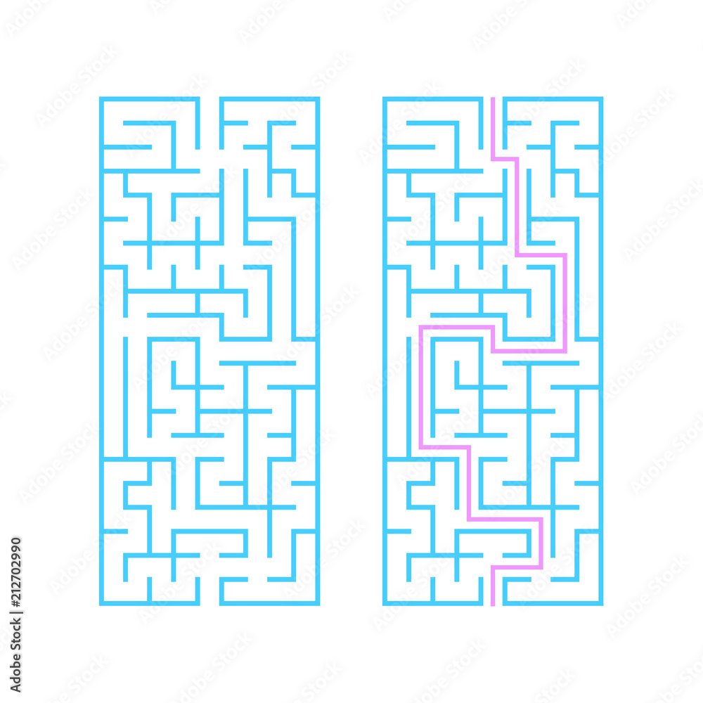Rectangular labyrinth with a blue stroke. A game for children. Simple flat vector illustration isolated on white background. With the answer.