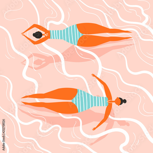 Girl swimming and relaxing on the back and abdomney in the water. Woman, wearing blue striped swimsuit on the water with waves. Seaside, beach or swimming pool. Vector cartoon flat illustration