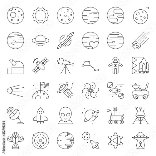 Solar system, Space and astronaut, thin line icons