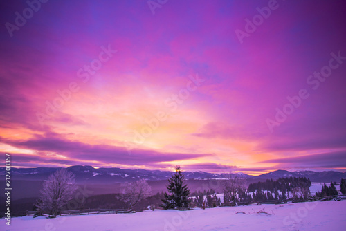 Winter landscape in Carpathian Mountains at the sunrise