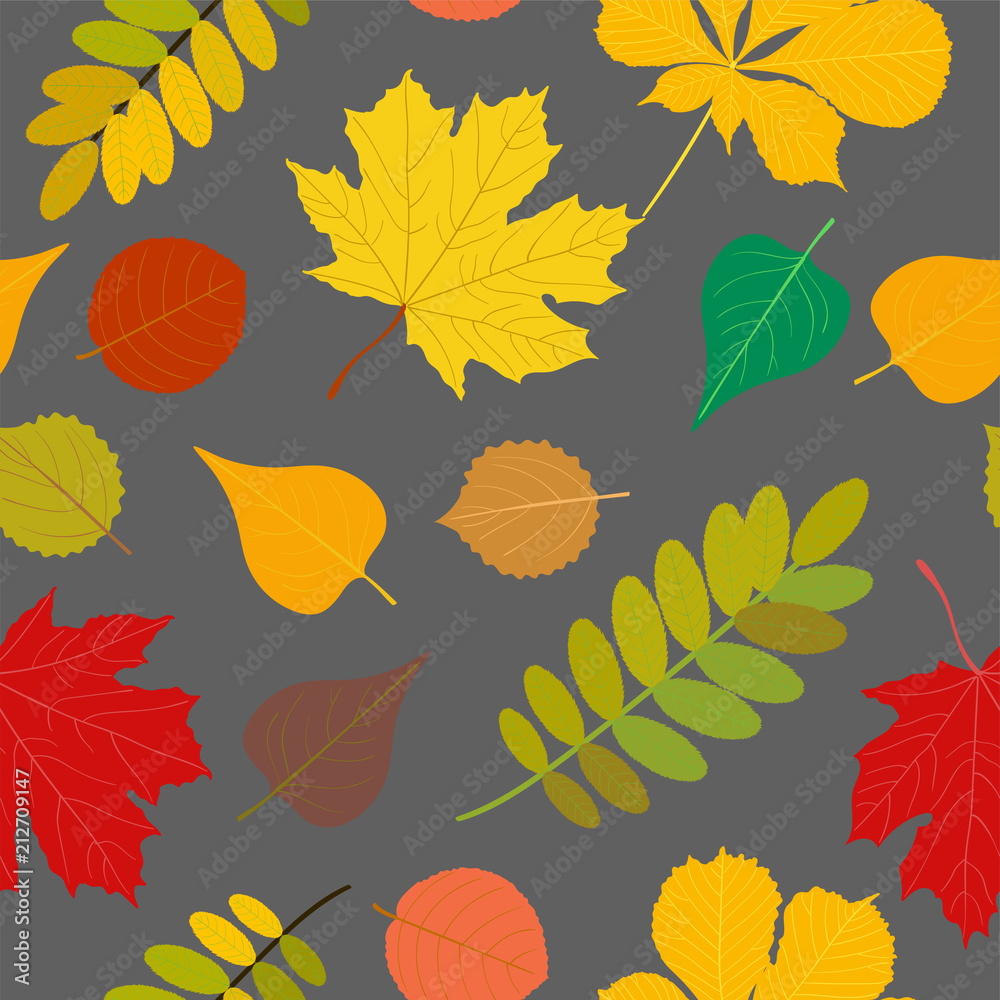 Obraz premium Seamless Autumn pattern Orange, yellow, brown red fall forest rowan, birch, tree leaves and herbs. Wallpaper, background beautiful, cute, trendy bright print