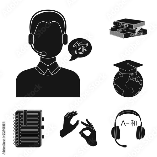 Translator and linguist black icons in set collection for design. Interpreter vector symbol stock web illustration.