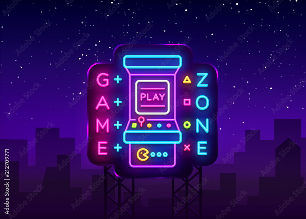 Naklejka premium Game Zone Logo Vector Neon. Game Room neon sign board, design template, Gaming industry advertising, Gaming Machine vector, light banner, bright night neon design element. Vector Art Billboard