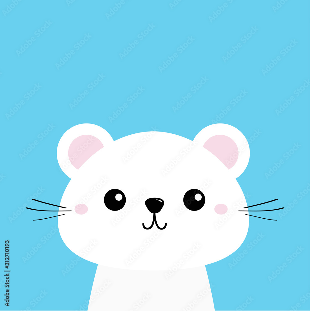 White animal. Cute kawaii cartoon character. Funny head baby face. Greeting card template. Blue background. Flat design. White animal. Cute kawaii cartoon character. Funny head baby face. Greeting card template. Blue background. Flat design.