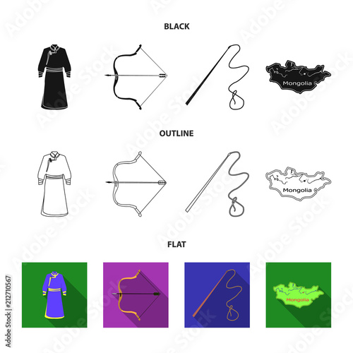 .mongol dressing gown, battle bow, theria on the map, Urga, Khlyst. Mongolia set collection icons in black,flat,outline style vector symbol stock illustration web.