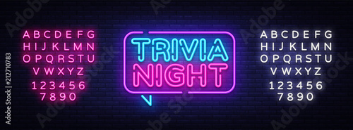 Trivia night announcement neon signboard vector. Light Banner, Design element, Night Neon Advensing. Vector illustration. Editing text neon sign