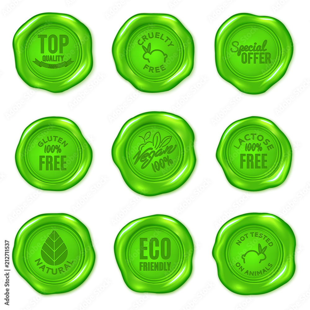 Set of vector green wax seals isolated on white. Vegan food, cruelty free, organic product, eco friendly, top quality Set of vector green wax seals isolated on white. Vegan food, cruelty free, organic product, eco friendly, top quality