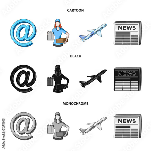 Email symbol, courier with parcel, postal airplane, pack of newspapers.Mail and postman set collection icons in cartoon,black,monochrome style vector symbol stock illustration web.