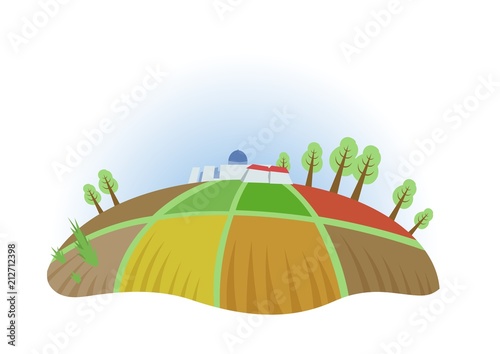 Farm field with trees and houses, fisheye view. Farming, ecotourism, kibbutz. Colorful flat vector illustration. Isolated on white background.