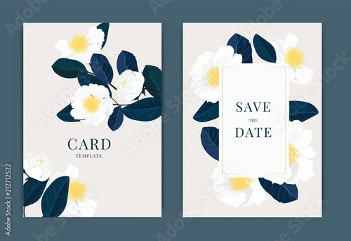 Wedding Invitation, floral invite thank you, rsvp modern card Design in white peony with golden rose and tropical palm leaf greenery eucalyptus branches decorative Vector elegant rustic template